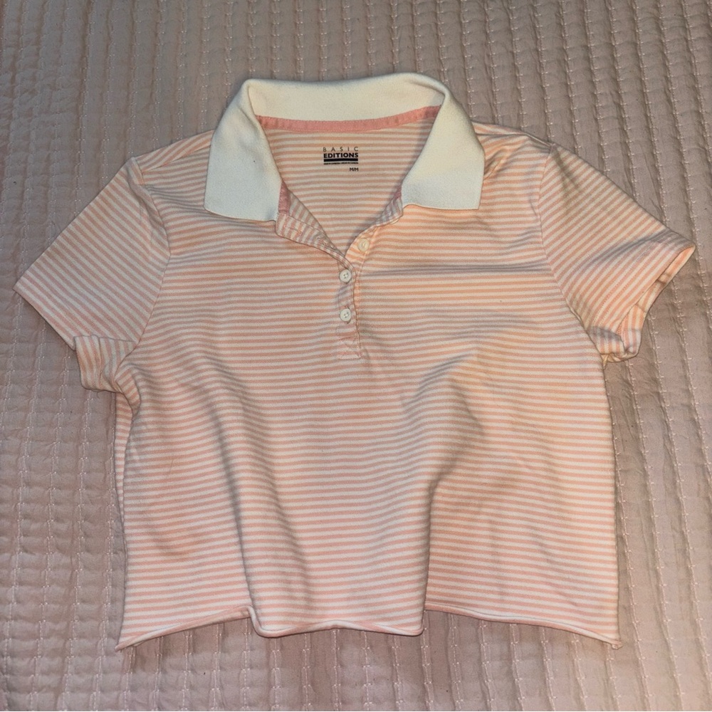S pink stripe collared crop top